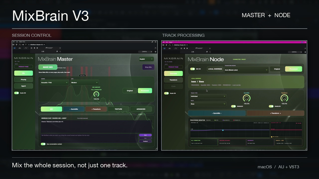 Actual MixBrain V3 Master and Node plug-in windows, captured during multitrack DAW processing