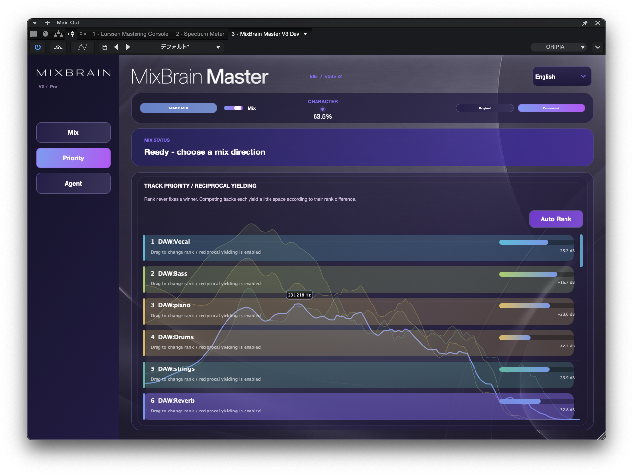 Actual MixBrain V3 Master Priority screen showing session-level track relationships